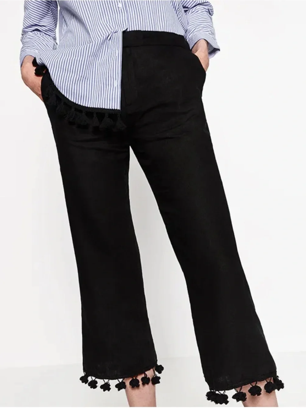 Zara Black Linen Trousers/Pants with Pom Trim size L